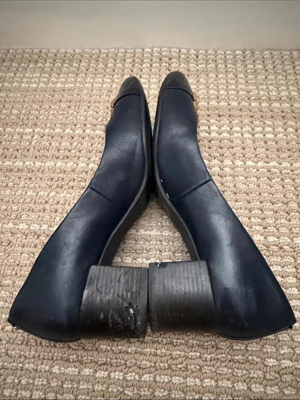 Tory Burch Black Leather stack heel with Gold Logo Plaque